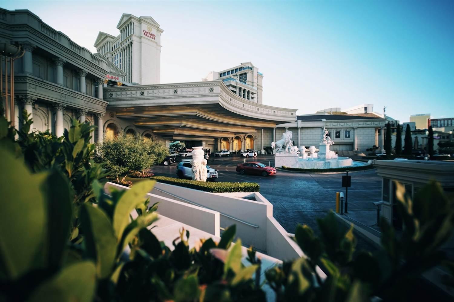 The porte-cochere and fountains at the entrance of Caesars Palace