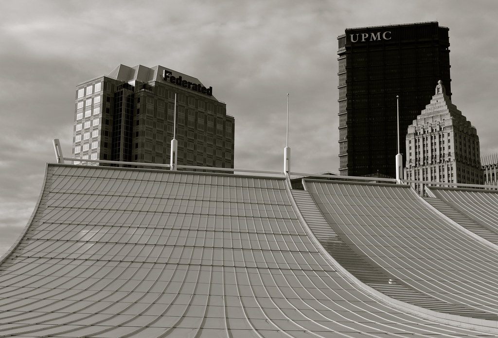The cable-hung roof bays of the David L. Lawrence Convention Center below the Federated and UPMC towers