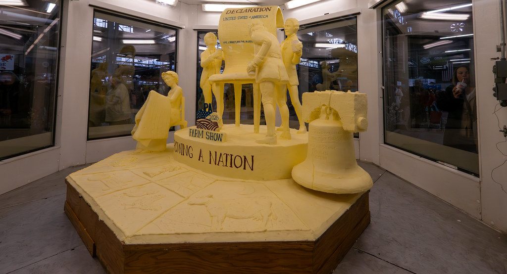 The 2026 Pennsylvania Farm Show butter sculpture, a Declaration of Independence scene with the Liberty Bell, in its glass case