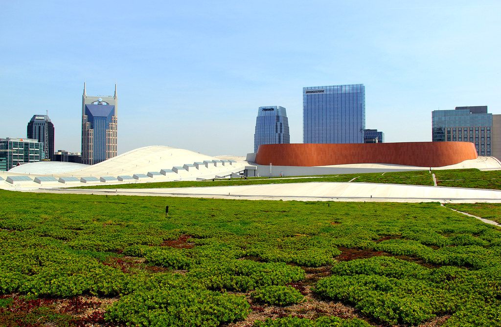 The Music City Center green roof, with the AT&T Building and the downtown Nashville skyline behind it