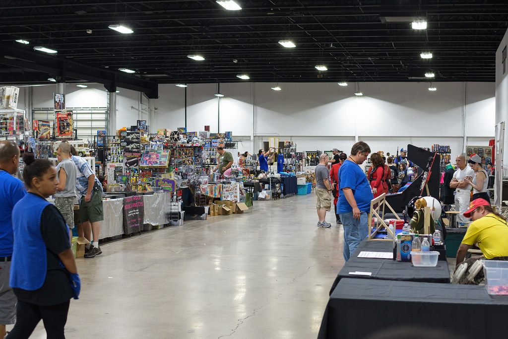 Vendor aisles under the open, high ceiling of the Greater Philadelphia Expo Center show floor in Oaks, Pennsylvania, during Retro Con