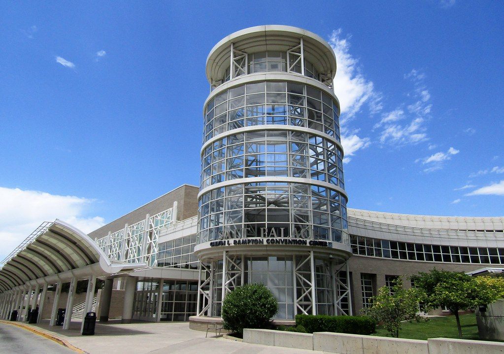 The round glass and steel lantern tower at the West Temple entrance of the Calvin L. Rampton Salt Palace Convention Center