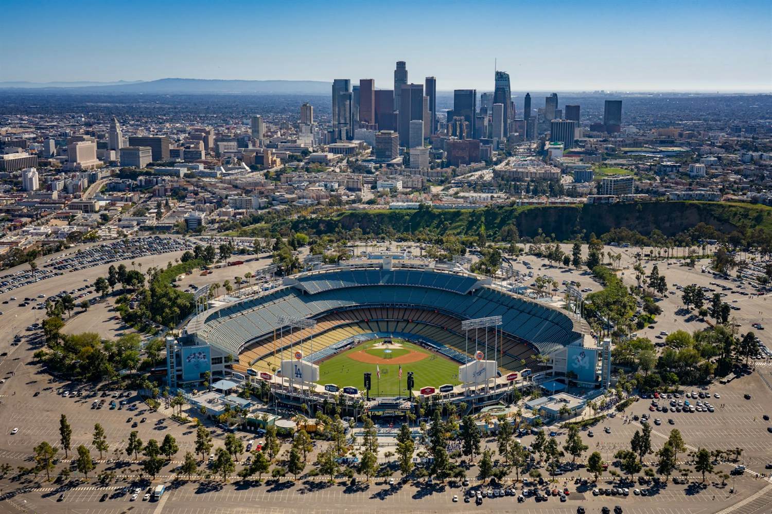 Aerial view of a baseball stadium with the Fort Lauderdale skyline behind