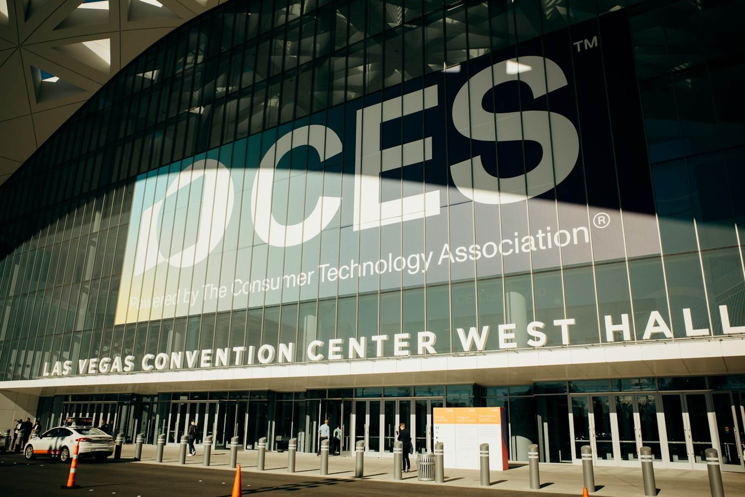 CES banner across the glass facade of the Las Vegas Convention Center West Hall