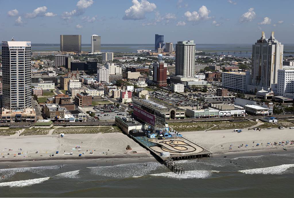 The Boardwalk in Atlantic City with the beach and hotels