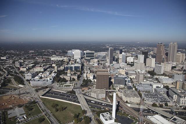 Aerial view of downtown Atlanta showing the Georgia World Congress Center campus and the State Capitol