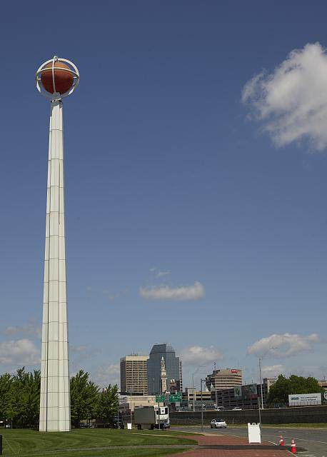 A tower topped by a giant basketball outside the Naismith Memorial Basketball Hall of Fame in Springfield, Massachusetts