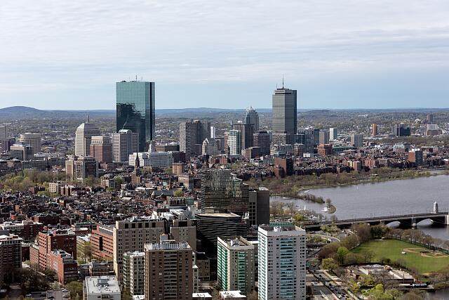 The Back Bay skyline in Boston, Massachusetts, including the John Hancock Tower and Prudential Tower