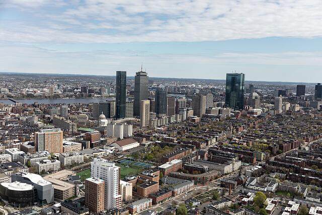 Aerial view of the Boston, Massachusetts skyline including the Back Bay and Charles River