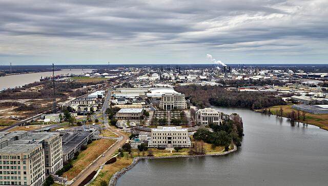 View from the Louisiana State Capitol observation deck over Baton Rouge and the Mississippi River