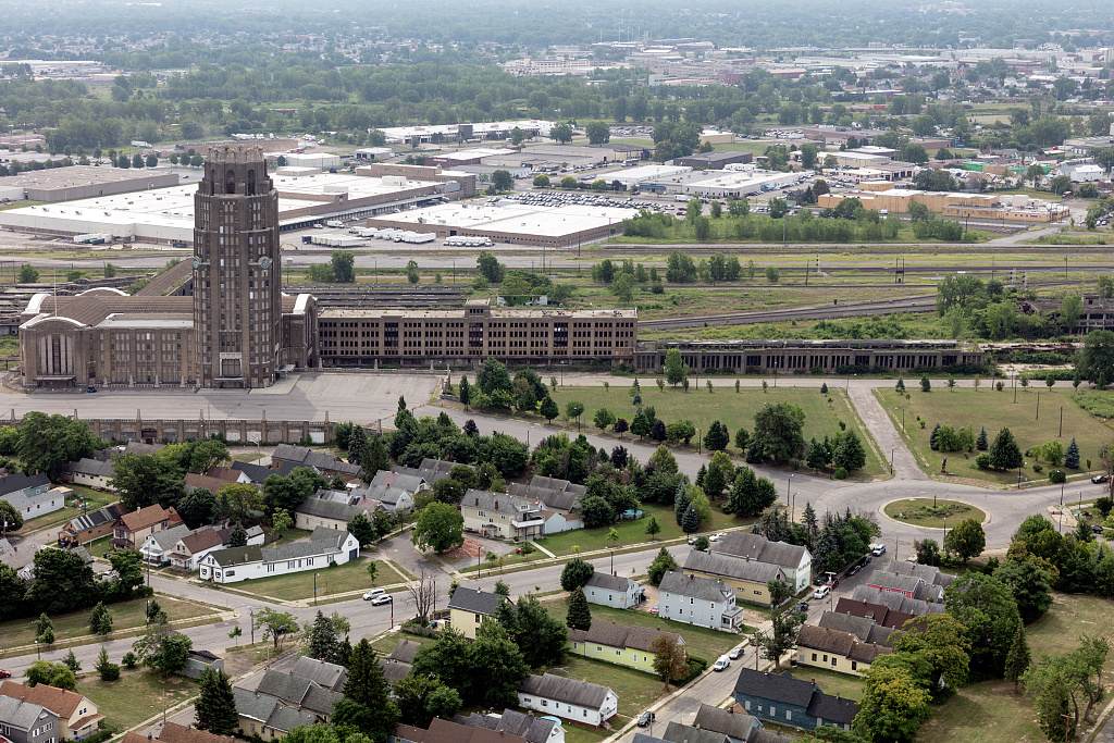 Aerial view of downtown Buffalo with the historic Central Terminal