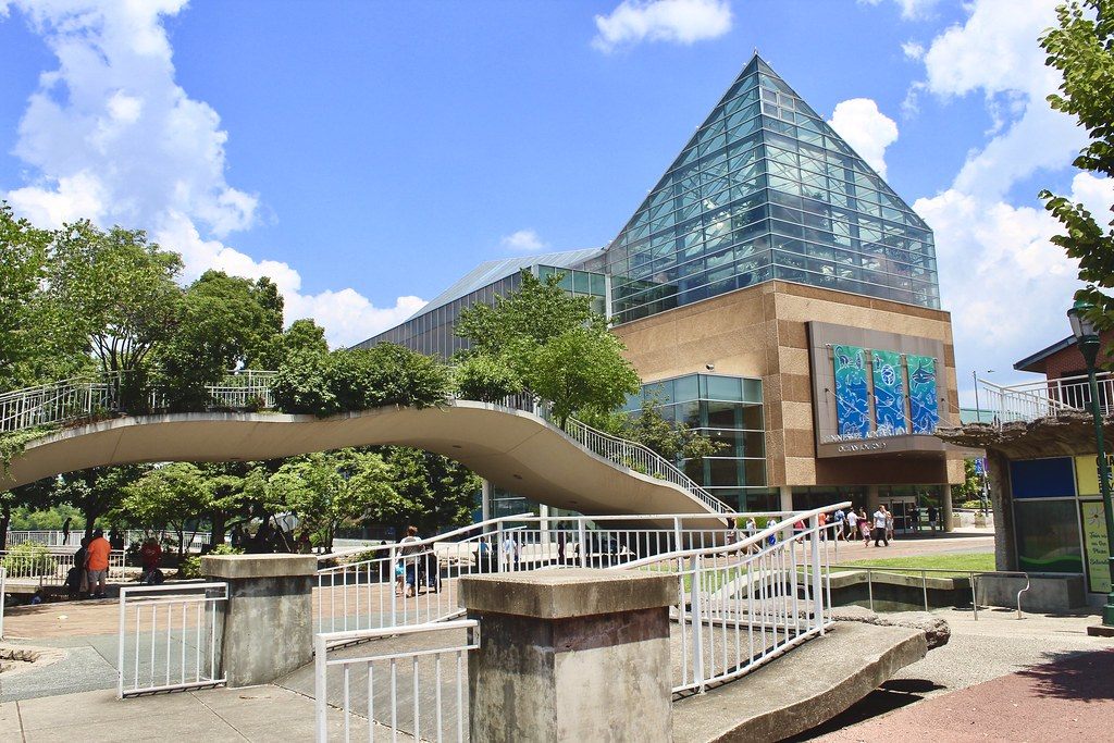 The glass peak of the Tennessee Aquarium's Ocean Journey building on the Chattanooga riverfront