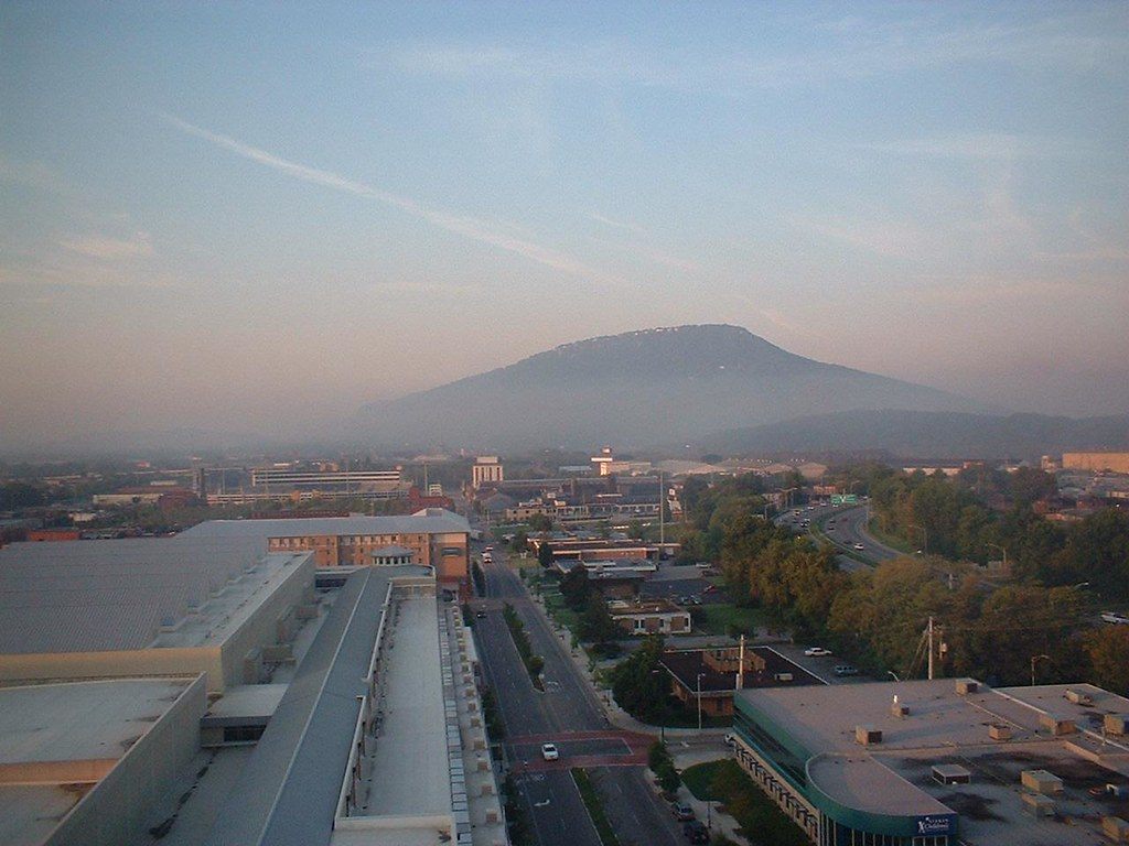 Morning haze over Lookout Mountain seen from a rooftop in downtown Chattanooga