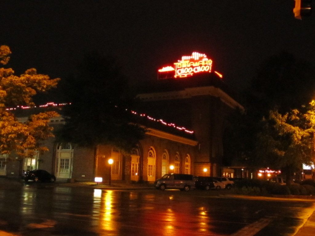 Terminal Station in Chattanooga at night, with the red neon Chattanooga Choo Choo sign on its roof