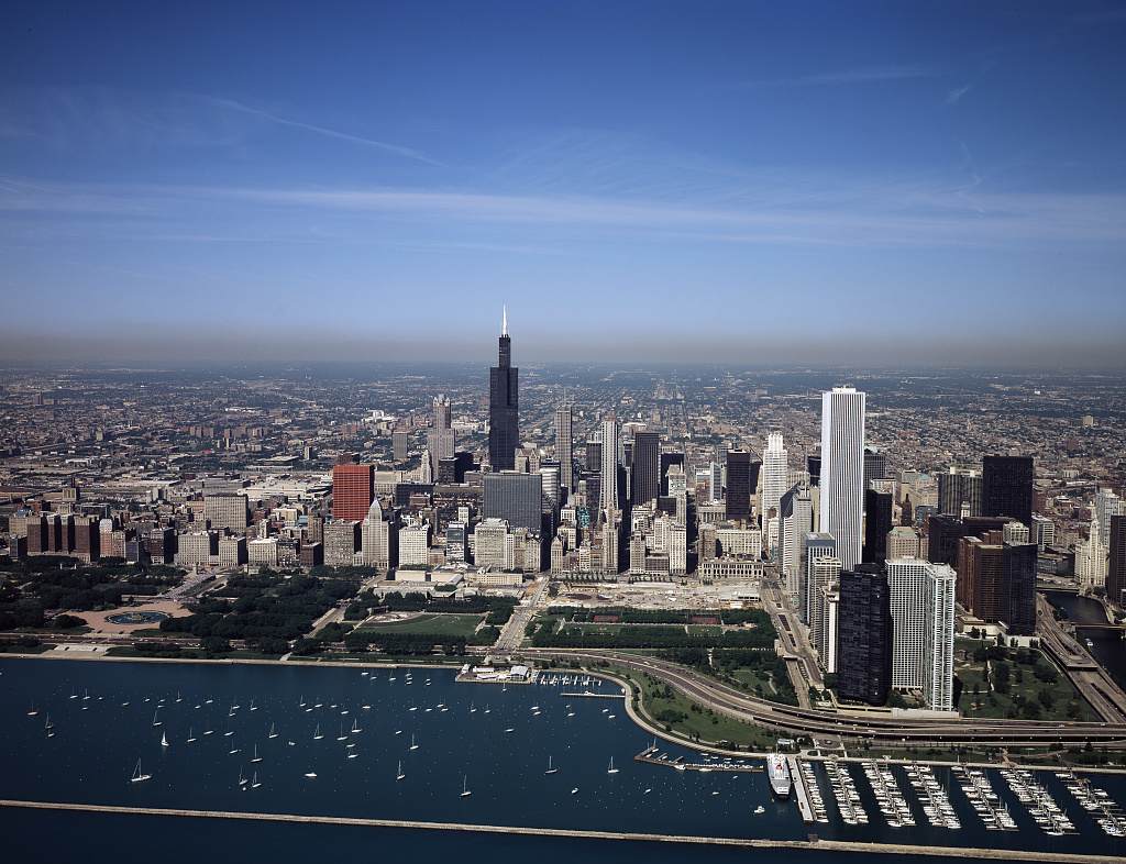 Aerial view of downtown Chicago from Lake Michigan