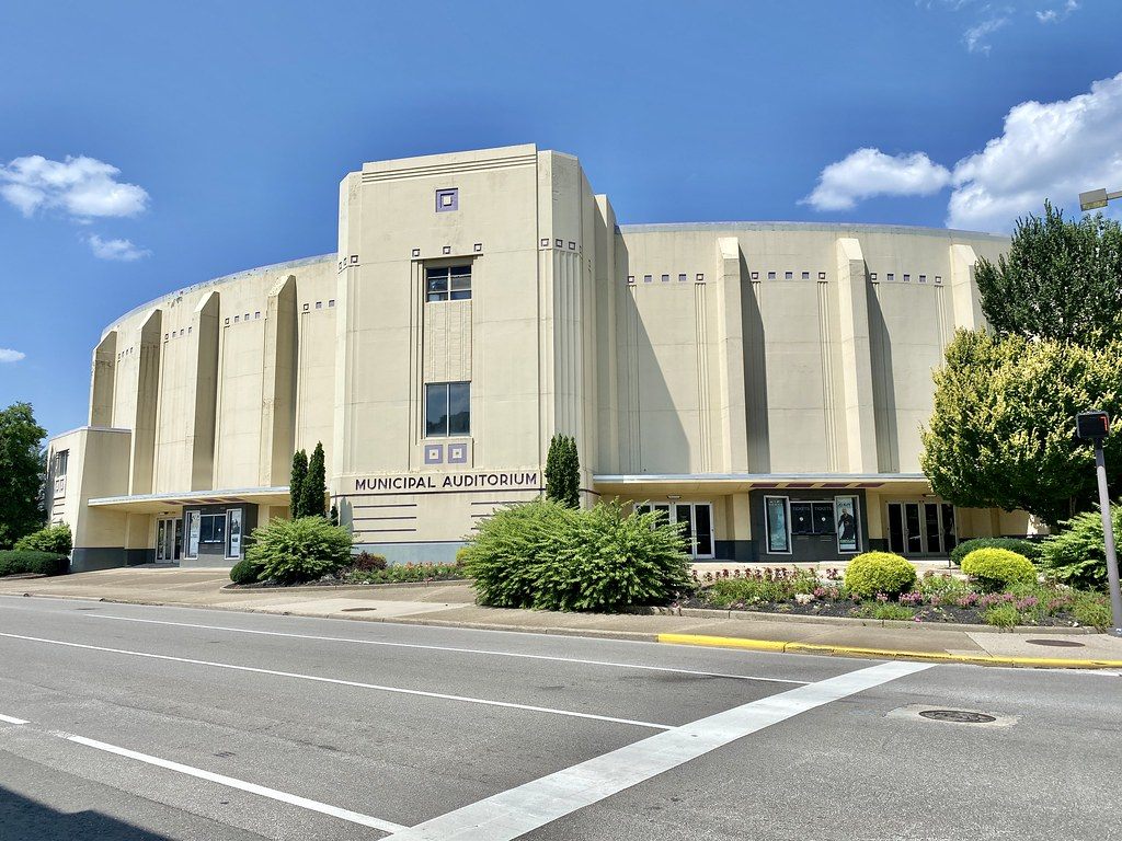 The cream-coloured Art Deco Municipal Auditorium on Virginia Street in Charleston, with its curved wall and vertical fins