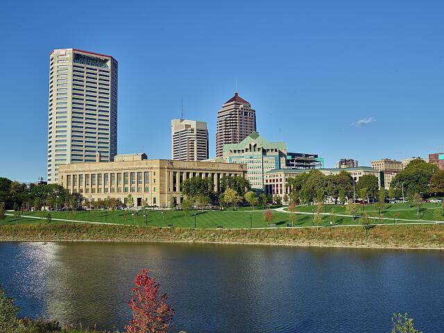 Aerial view of downtown Columbus, Ohio across the Scioto River