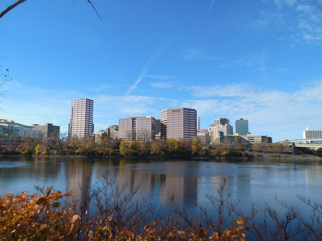 Downtown Hartford office towers seen across the Connecticut River on a clear autumn day