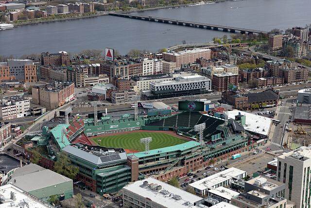 Aerial view of Fenway Park, home of the Boston Red Sox, near Boston's Back Bay