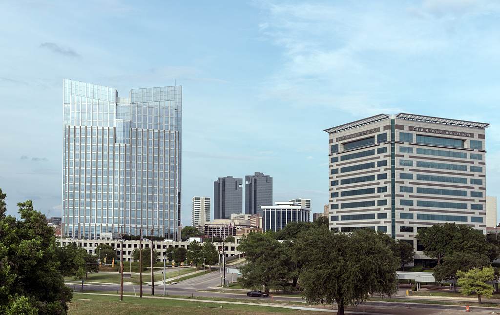 A portion of the Fort Worth skyline seen from the Seventh Street Bridge
