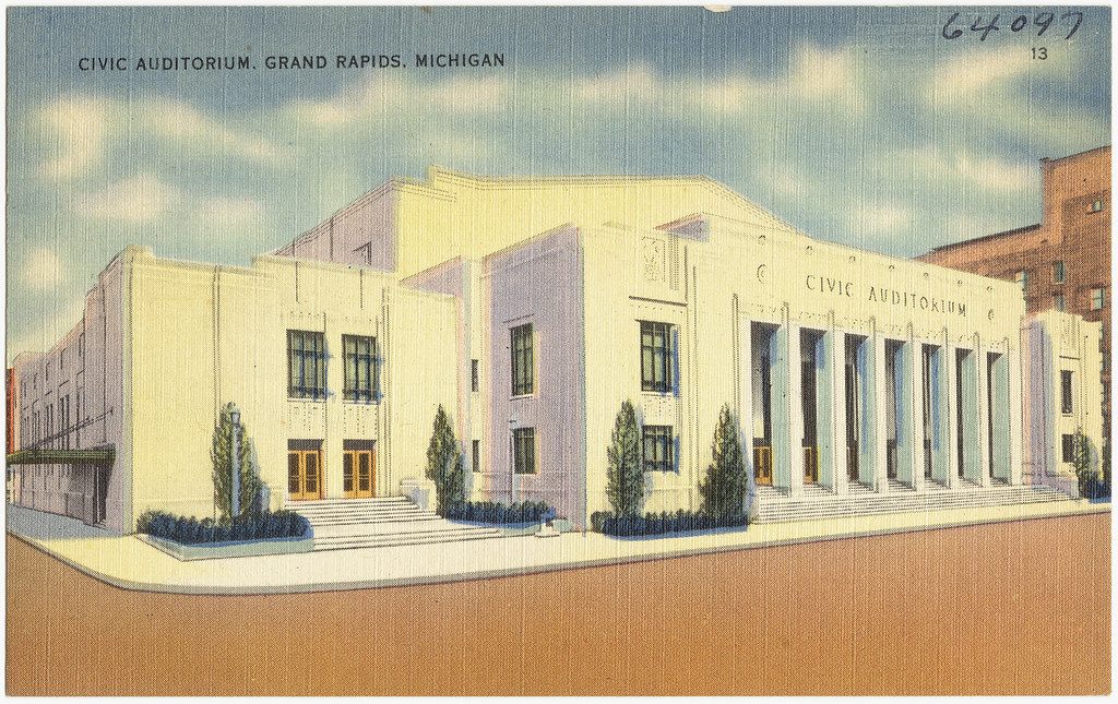 A vintage color postcard of the white, columned Civic Auditorium in Grand Rapids with its name carved above the entrance