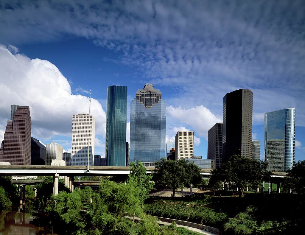 The Houston skyline seen from Sam Houston Park