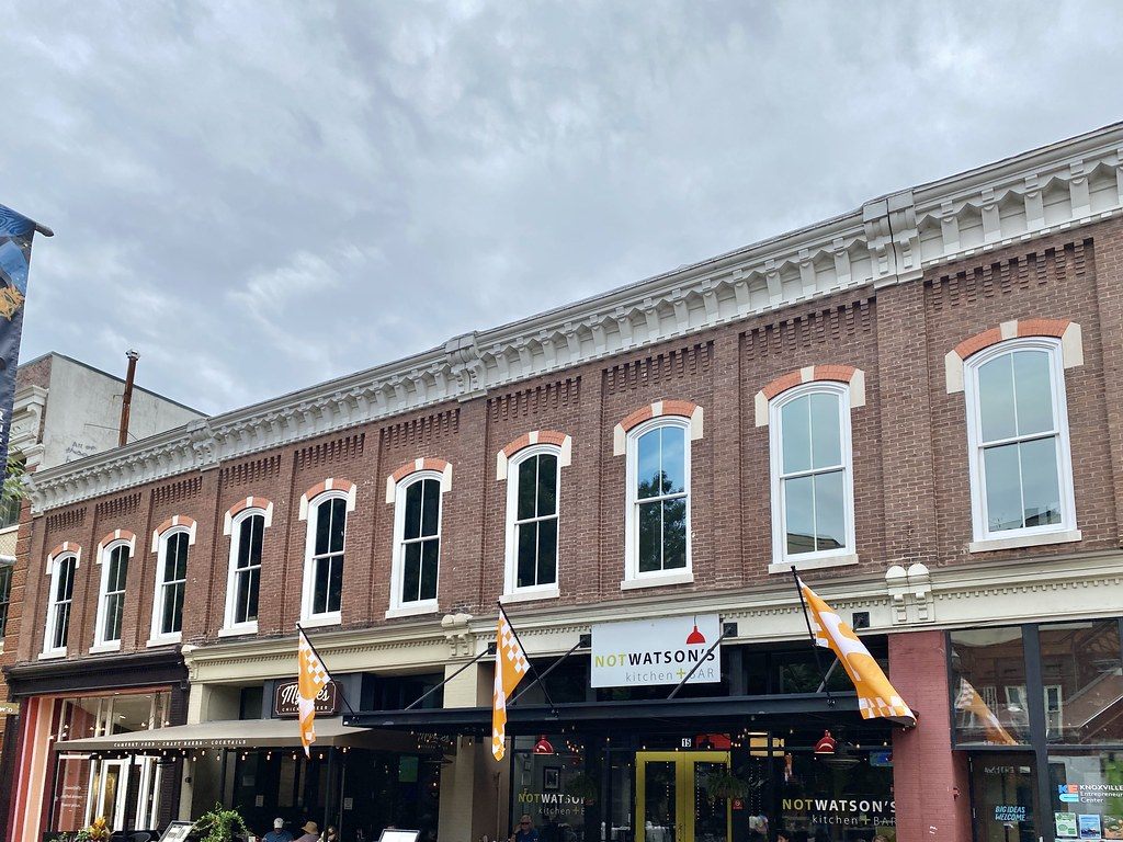 Restored brick storefronts and restaurants on Market Square in downtown Knoxville