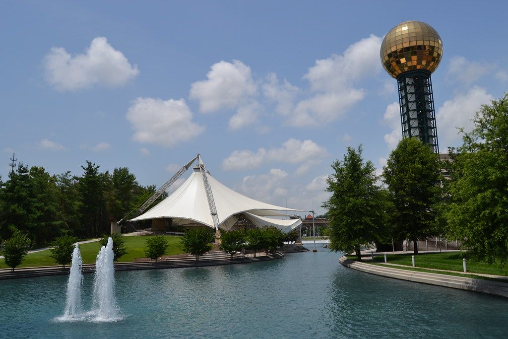 World's Fair Park, with the Tennessee Amphitheater, the fountain lake and the Sunsphere