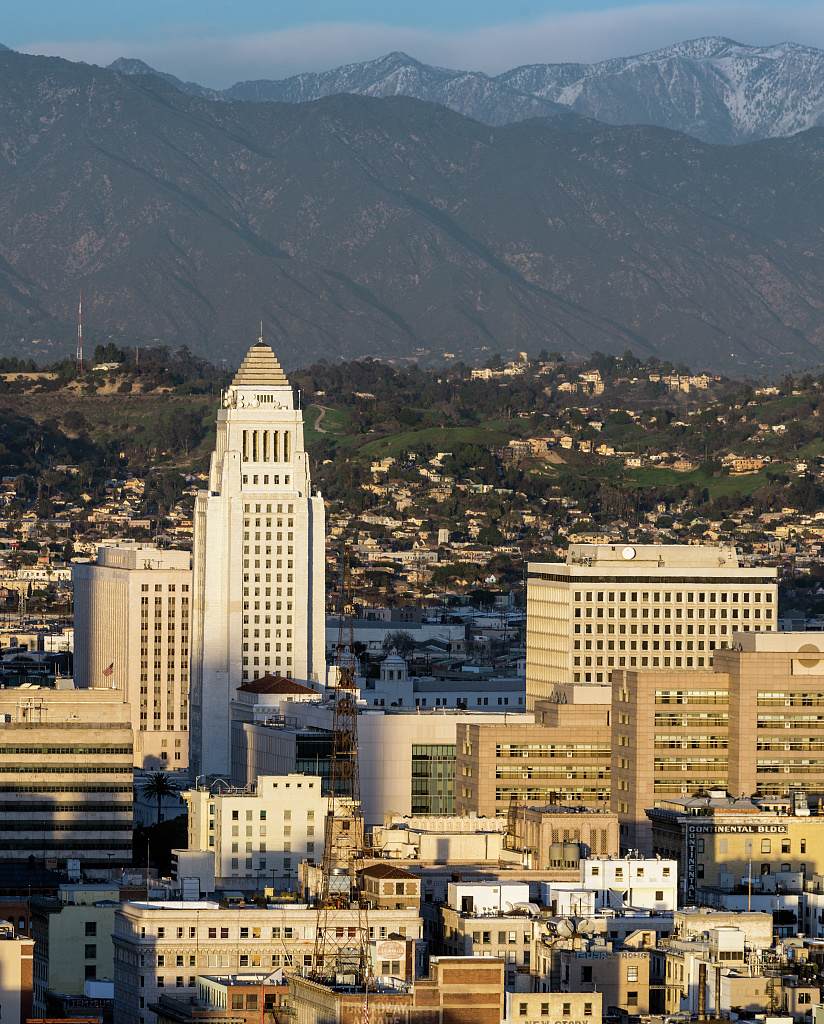 The Los Angeles skyline centered on City Hall