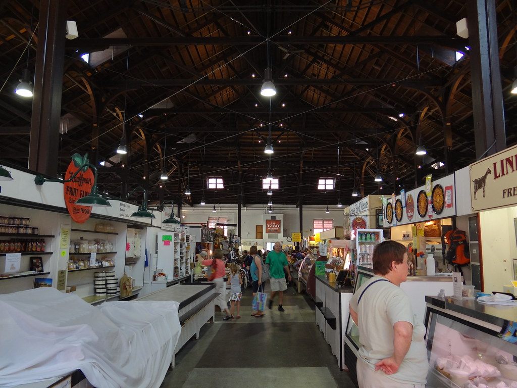 The timber roof and vendor aisles inside the 1889 Lancaster Central Market building