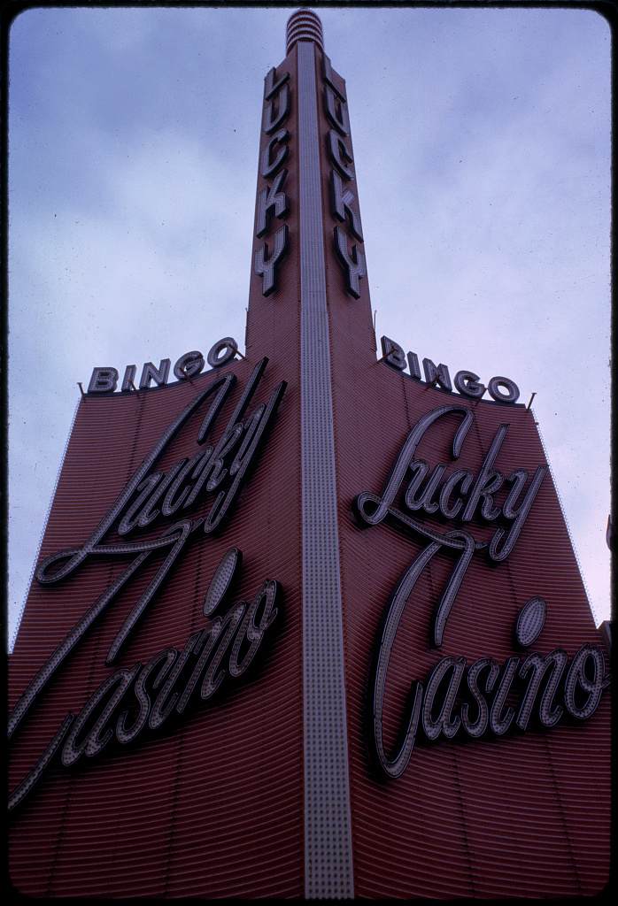 The red Lucky Casino sign tower photographed in 1964