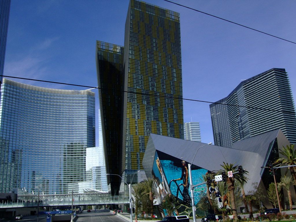 CityCenter by day: ARIA's curved glass tower at left, the leaning Veer Towers in the middle and the angular Crystals building in front