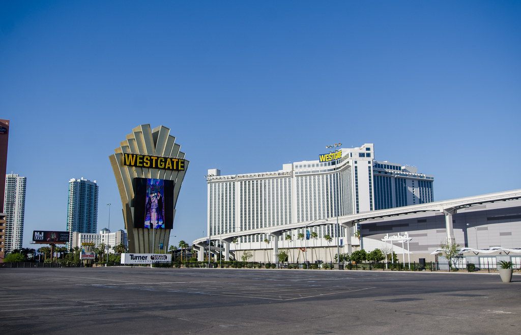 The fan-shaped Westgate sign and the hotel tower, with the monorail track running in front