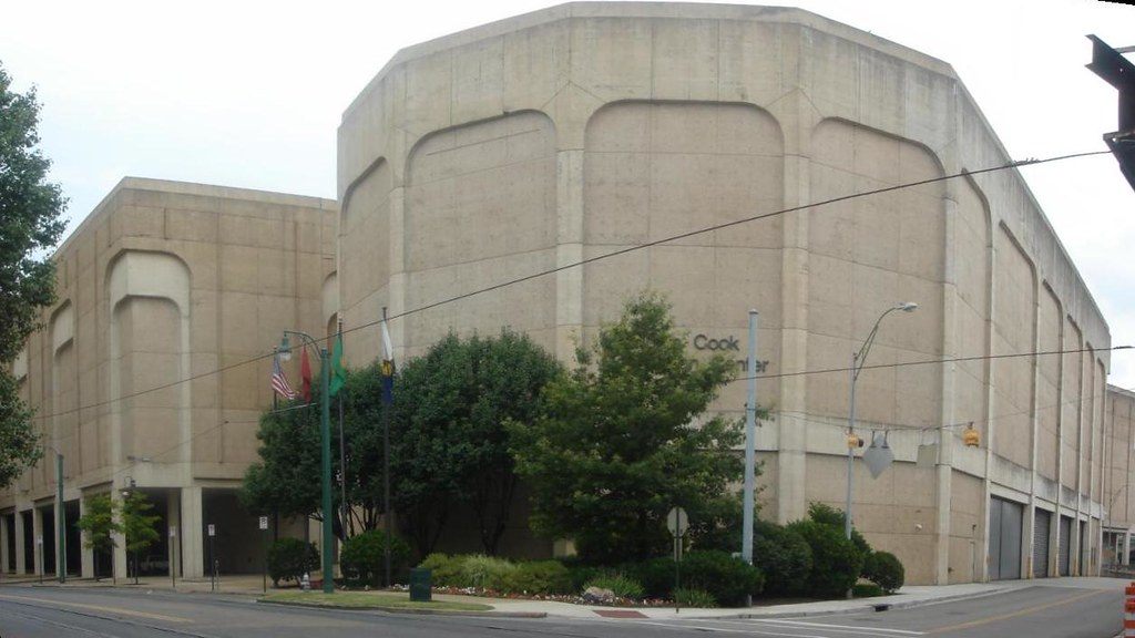 The windowless concrete exterior of the Cook Convention Center's north hall before the renovation