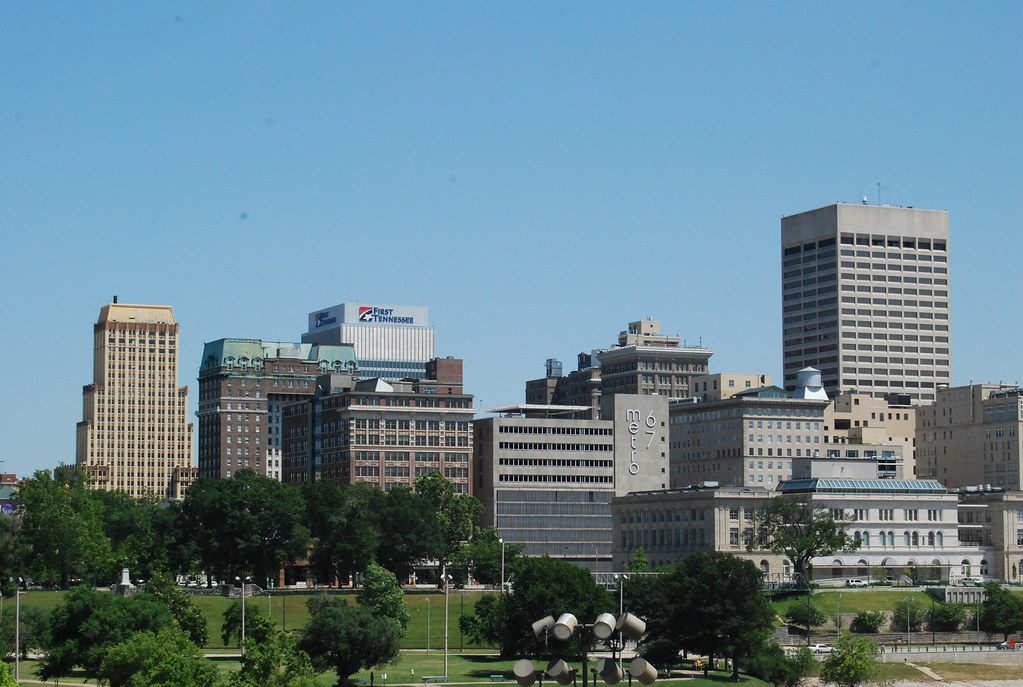 The downtown Memphis skyline seen from the Mississippi Riverwalk