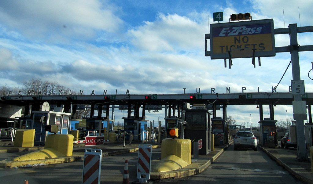 The Pennsylvania Turnpike's Monroeville interchange toll plaza in the cash-toll era