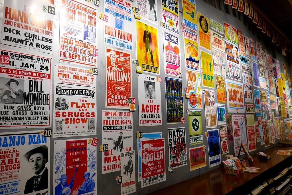 A wall of letterpress concert posters for Grand Ole Opry stars at Hatch Show Print