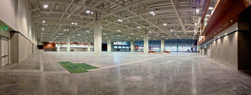 Panorama of the empty Music City Center exhibit hall before move-in