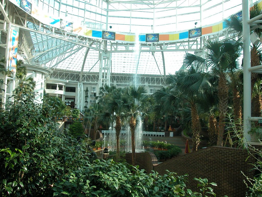 Palms and a fountain under the glass roof of one of the Opryland atriums