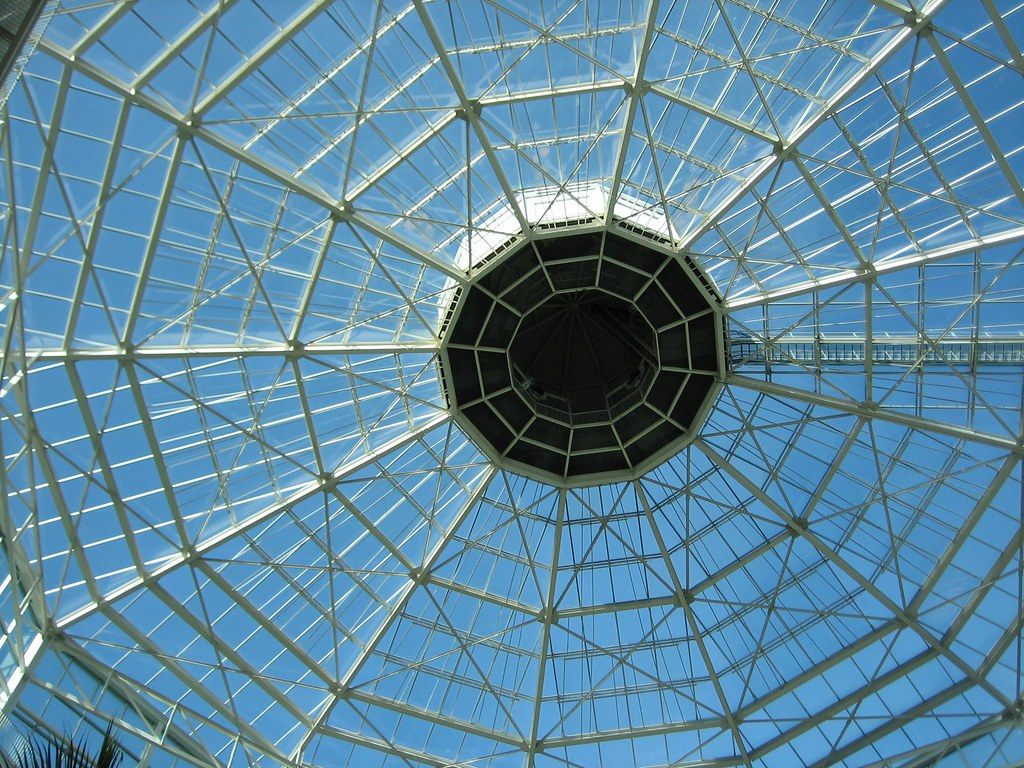 The steel and glass dome over the Delta atrium at the Opryland Hotel
