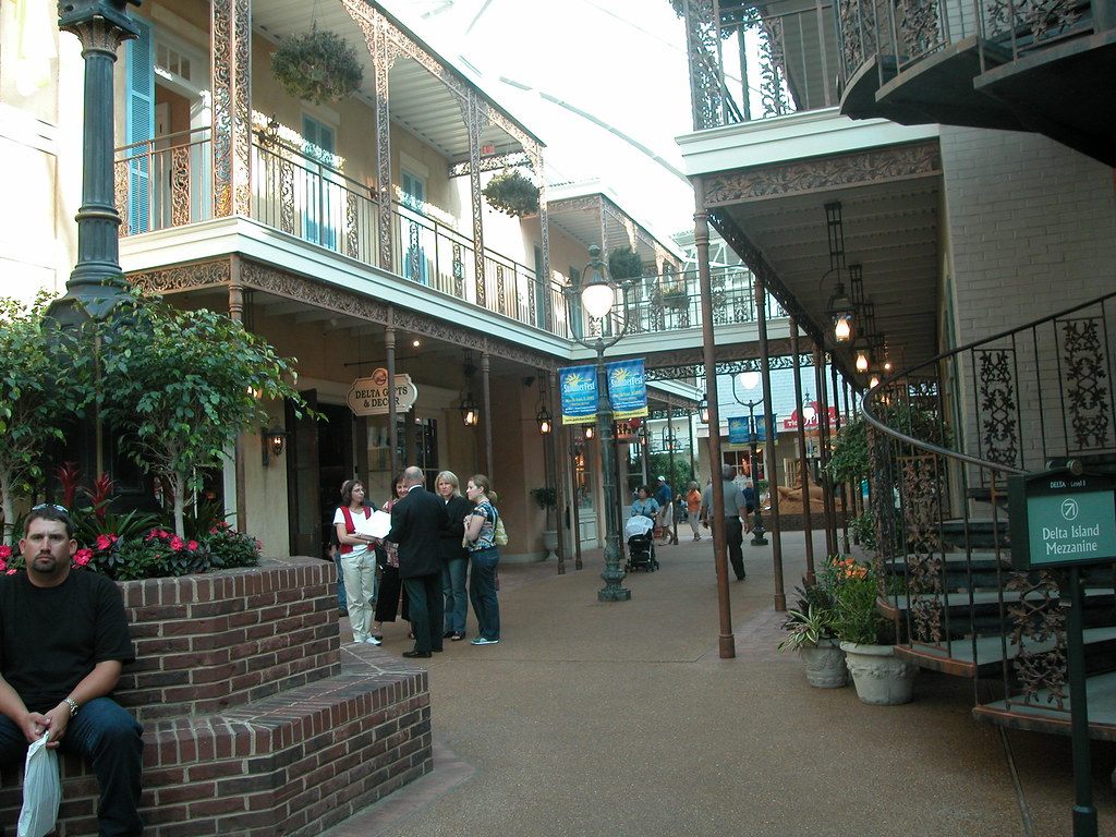 Wrought-iron balconies along an indoor street on Delta Island at the Opryland Hotel