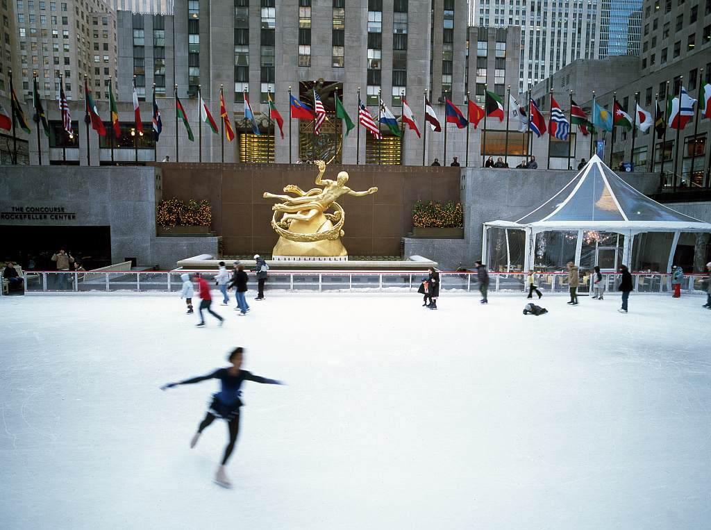 Skaters on the rink at Rockefeller Center in New York