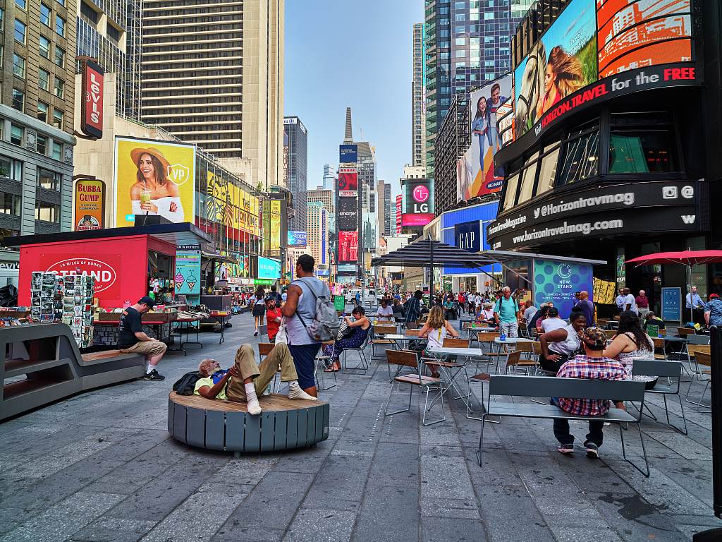 Times Square in daylight at the junction of Broadway and Seventh Avenue