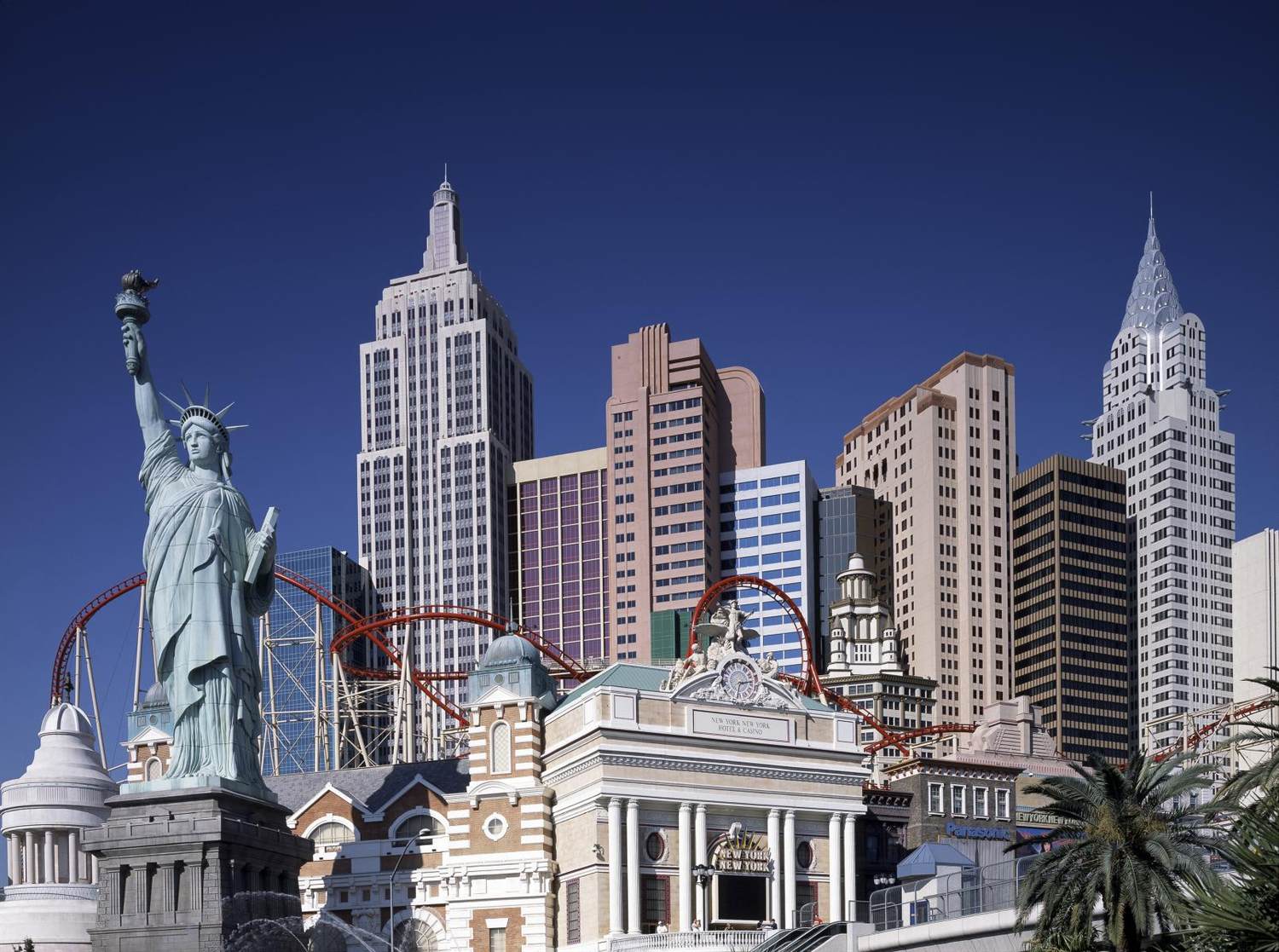 The New York-New York skyline replica with the Statue of Liberty and roller coaster
