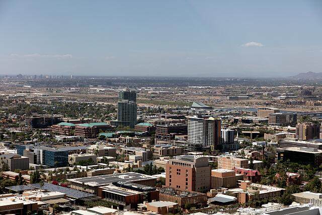 Aerial view of the Phoenix-Scottsdale corridor, Arizona, with mountains in the distance