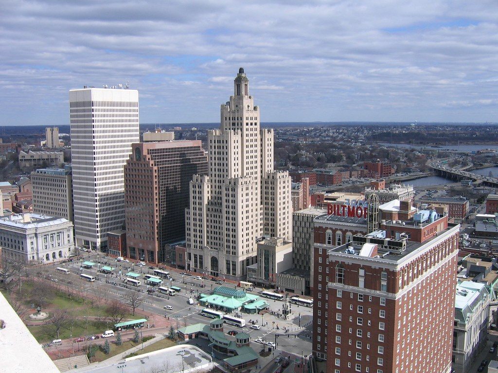 Downtown Providence from above: Kennedy Plaza, the Art Deco Industrial Trust tower and the red-brick Biltmore hotel