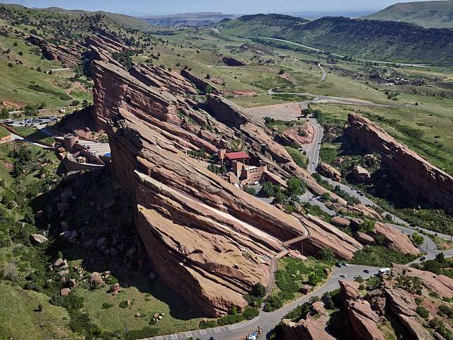 Aerial view of Red Rocks Amphitheatre nestled among sandstone formations near Denver, Colorado