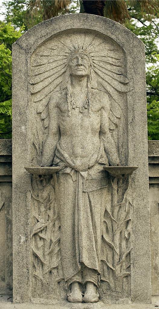 Art Deco Native American-themed stonework along the San Antonio River Walk