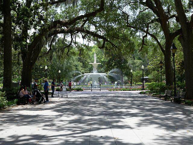 Oak trees draped in Spanish moss framing the fountain in Forsyth Park, Savannah