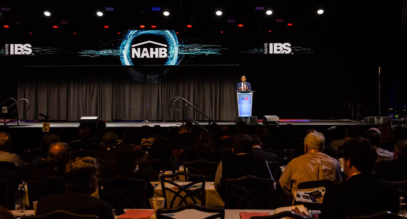 Keynote stage at the 2020 International Builders' Show inside the Las Vegas Convention Center with NAHB IBS branding